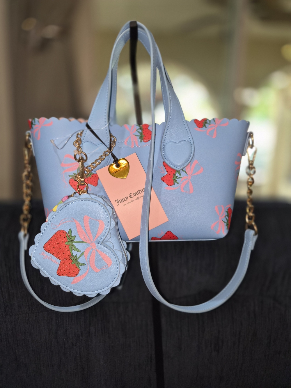 Juicy Couture Blue Strawberry Scallop Tote with Heart Coin Pouch